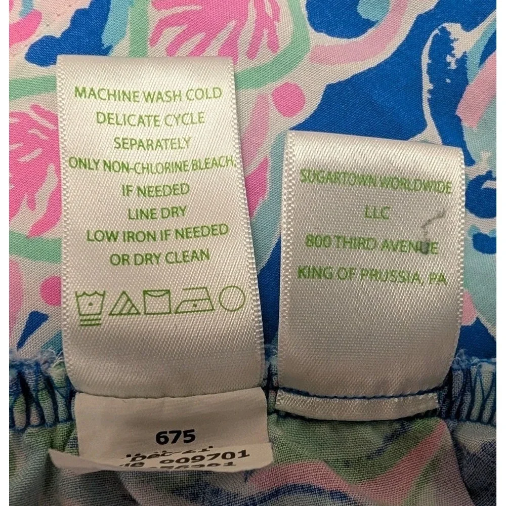 Lilly Pulizer Women's Large Shorts Blue Pink Coastal Flowy Classic Elastic Waist